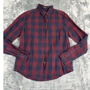 Carbon Slim L Fit Buffalo Plaid Flannel Button Down Shirt Burgundy Navy Blue